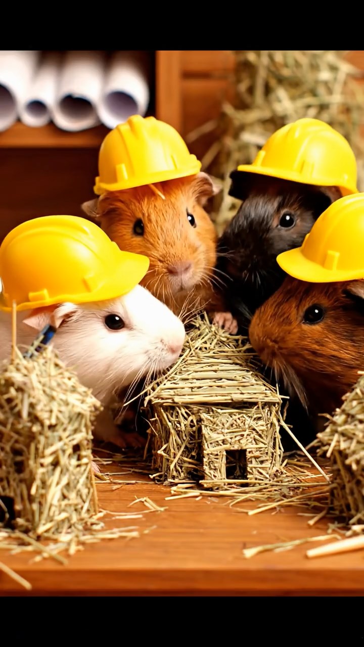 309. Detailed photo of 4 smooth-haired American guinea pigs with White, Orange, Black, and Brown fur, dressed as architects in tiny hard hats, designing miniature buildings in a guinea pig office with hay models and wooden desks, under soft daylight, creating a vivid, realistic professional scene.