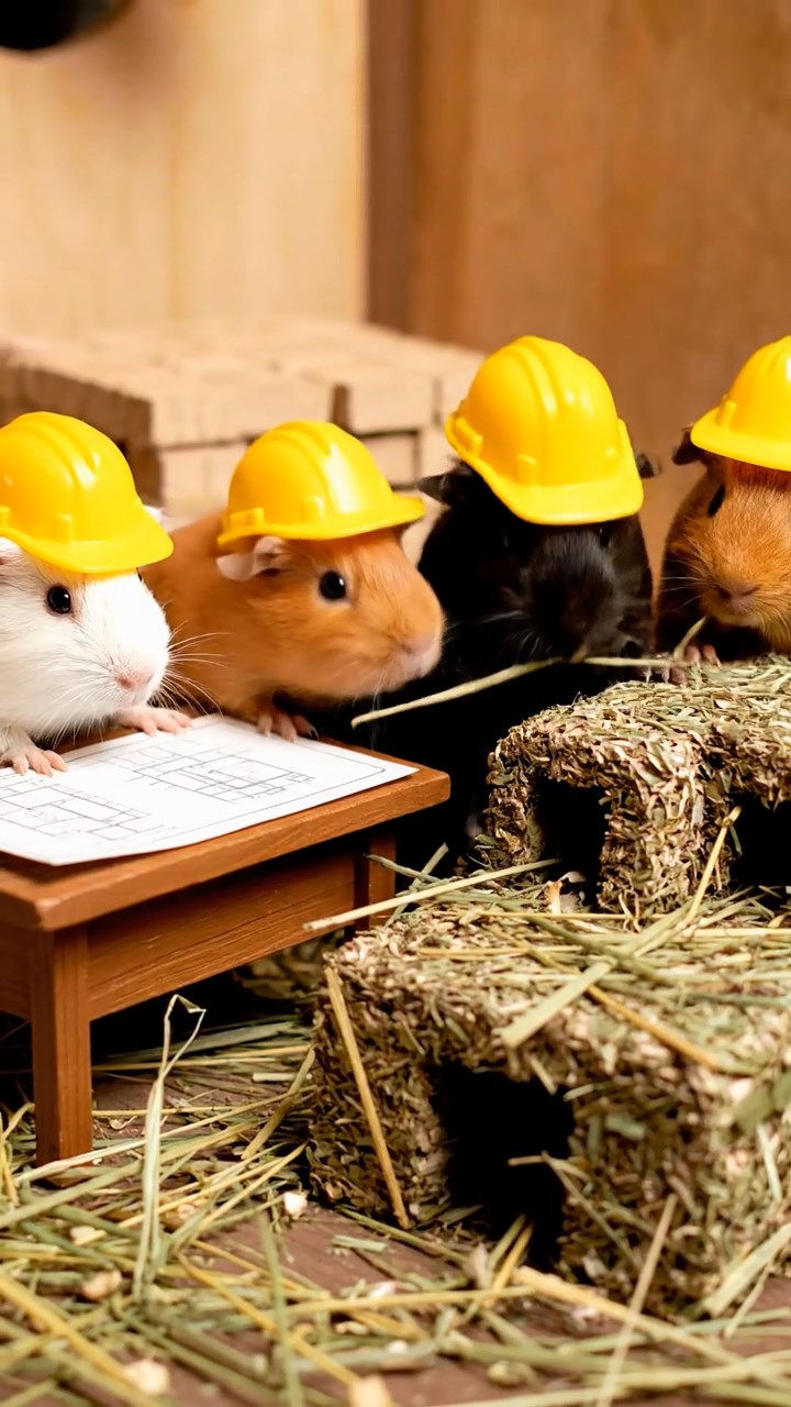 309. Detailed photo of 4 smooth-haired American guinea pigs with White, Orange, Black, and Brown fur, dressed as architects in tiny hard hats, designing miniature buildings in a guinea pig office with hay models and wooden desks, under soft daylight, creating a vivid, realistic professional scene.