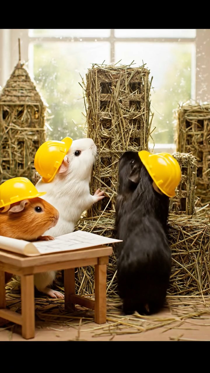 309. Detailed photo of 4 smooth-haired American guinea pigs with White, Orange, Black, and Brown fur, dressed as architects in tiny hard hats, designing miniature buildings in a guinea pig office with hay models and wooden desks, under soft daylight, creating a vivid, realistic professional scene.