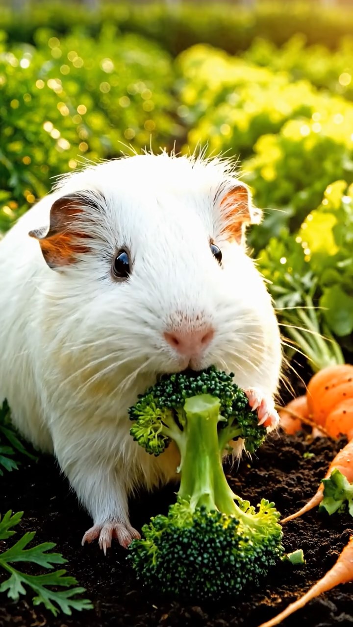 311. Highly detailed view of 1 smooth-haired Himalayan guinea pig with White fur, chewing on fresh broccoli, in a vibrant vegetable garden with rows of carrots and lettuce, under bright sunlight, creating a realistic, colorful rural scene of peaceful foraging.