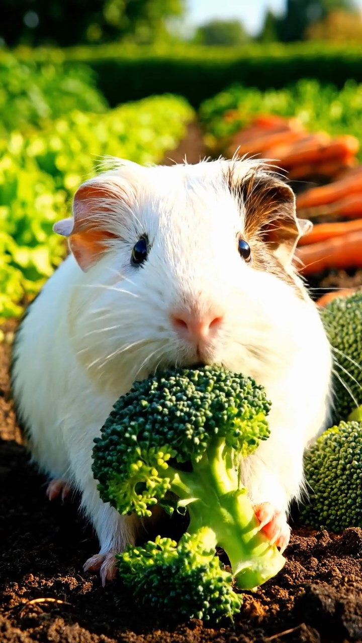 311. Highly detailed view of 1 smooth-haired Himalayan guinea pig with White fur, chewing on fresh broccoli, in a vibrant vegetable garden with rows of carrots and lettuce, under bright sunlight, creating a realistic, colorful rural scene of peaceful foraging.