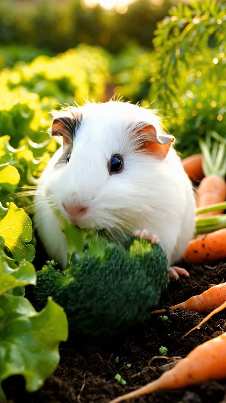 311. Highly detailed view of 1 smooth-haired Himalayan guinea pig with White fur, chewing on fresh broccoli, in a vibrant vegetable garden with rows of carrots and lettuce, under bright sunlight, creating a realistic, colorful rural scene of peaceful foraging.