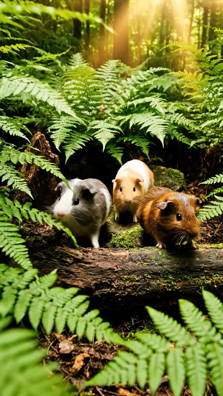 313. Detailed photo of 3 smooth-haired American guinea pigs with Gray, Cream, and Brown fur, marking territory with subtle scent trails in a lush fern grove with dense green fronds, under dappled sunlight, creating a vivid, realistic forest scene.