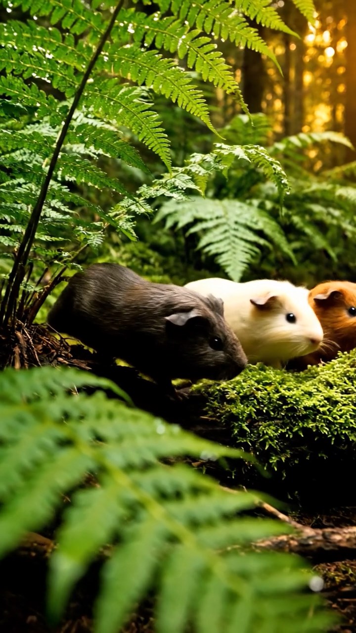 313. Detailed photo of 3 smooth-haired American guinea pigs with Gray, Cream, and Brown fur, marking territory with subtle scent trails in a lush fern grove with dense green fronds, under dappled sunlight, creating a vivid, realistic forest scene.