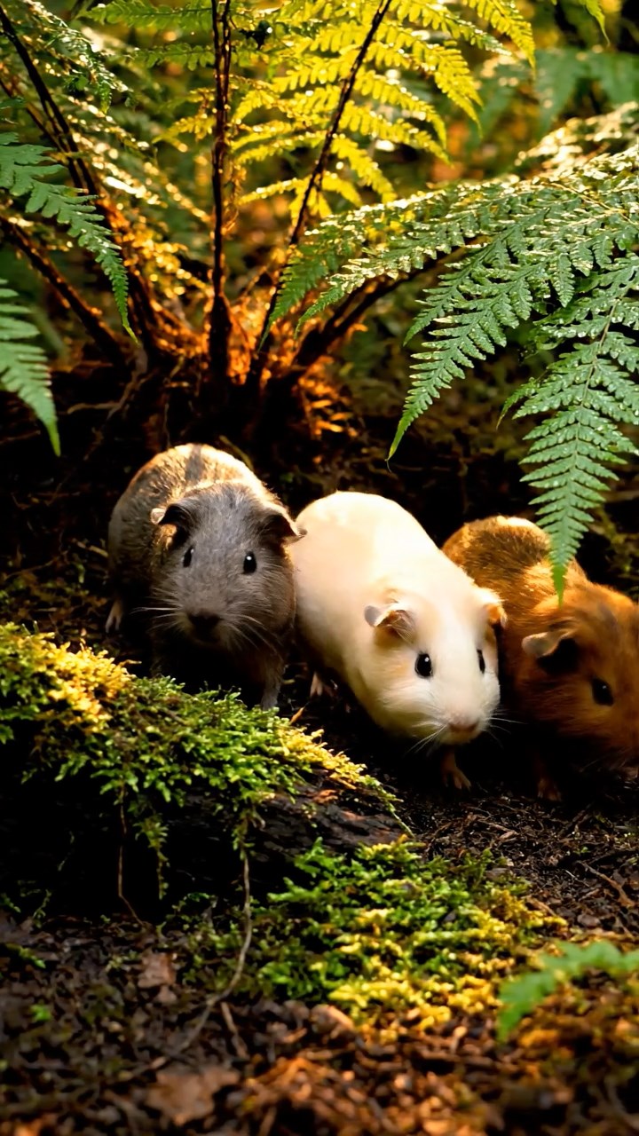 313. Detailed photo of 3 smooth-haired American guinea pigs with Gray, Cream, and Brown fur, marking territory with subtle scent trails in a lush fern grove with dense green fronds, under dappled sunlight, creating a vivid, realistic forest scene.