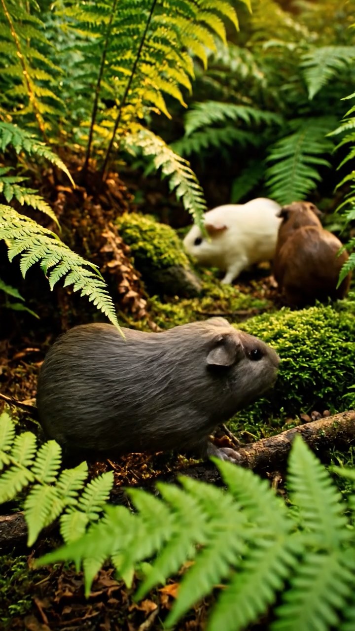 313. Detailed photo of 3 smooth-haired American guinea pigs with Gray, Cream, and Brown fur, marking territory with subtle scent trails in a lush fern grove with dense green fronds, under dappled sunlight, creating a vivid, realistic forest scene.