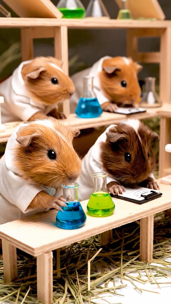 314. Photorealistic scene of 4 smooth-haired Teddy guinea pigs with Fawn, Chocolate, Cinnamon, and Sable fur, dressed as scientists in tiny lab coats, conducting experiments in a guinea pig laboratory with miniature beakers and hay benches, under bright lights, capturing a realistic, intellectual moment.