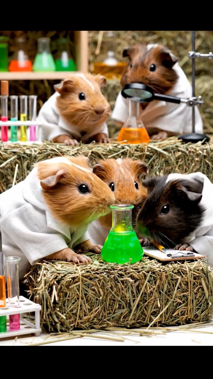 314. Photorealistic scene of 4 smooth-haired Teddy guinea pigs with Fawn, Chocolate, Cinnamon, and Sable fur, dressed as scientists in tiny lab coats, conducting experiments in a guinea pig laboratory with miniature beakers and hay benches, under bright lights, capturing a realistic, intellectual moment.