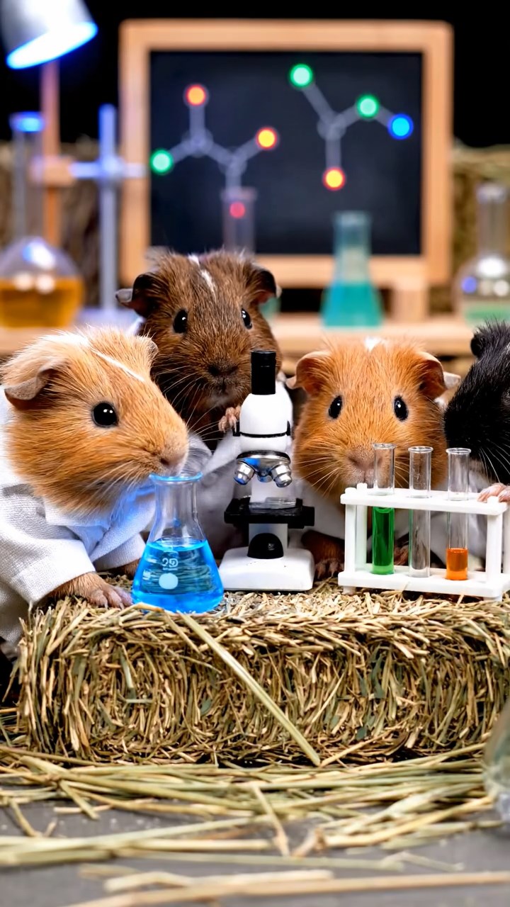 314. Photorealistic scene of 4 smooth-haired Teddy guinea pigs with Fawn, Chocolate, Cinnamon, and Sable fur, dressed as scientists in tiny lab coats, conducting experiments in a guinea pig laboratory with miniature beakers and hay benches, under bright lights, capturing a realistic, intellectual moment.