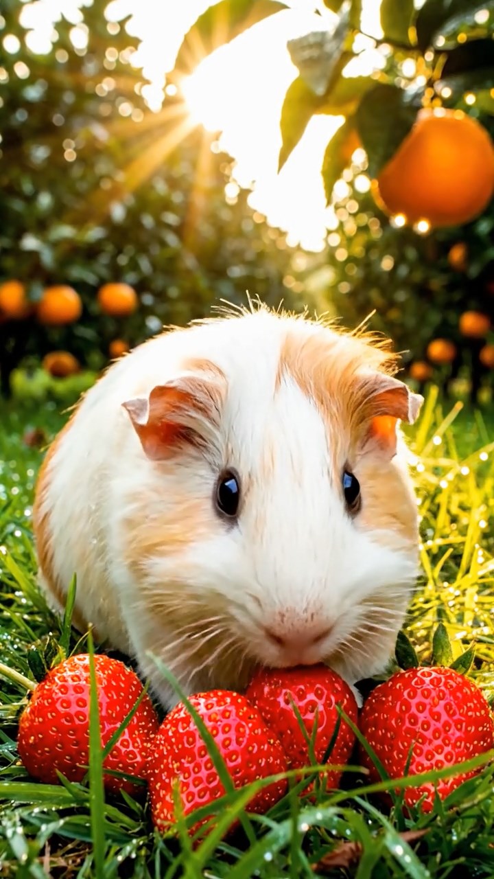 316. Realistic scene of 1 smooth-haired Californian guinea pig with Cream fur, munching on strawberries, in a fragrant citrus orchard with rows of orange trees glistening with dew, under warm sunlight, capturing a vivid, lifelike rural moment.