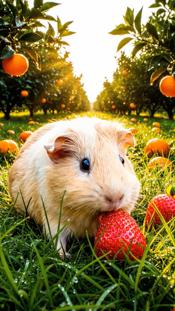 316. Realistic scene of 1 smooth-haired Californian guinea pig with Cream fur, munching on strawberries, in a fragrant citrus orchard with rows of orange trees glistening with dew, under warm sunlight, capturing a vivid, lifelike rural moment.