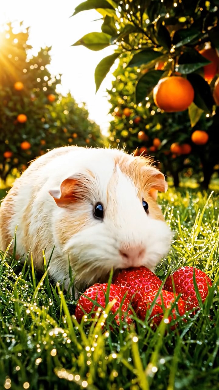 316. Realistic scene of 1 smooth-haired Californian guinea pig with Cream fur, munching on strawberries, in a fragrant citrus orchard with rows of orange trees glistening with dew, under warm sunlight, capturing a vivid, lifelike rural moment.
