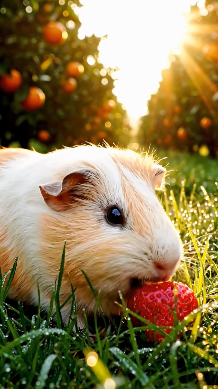 316. Realistic scene of 1 smooth-haired Californian guinea pig with Cream fur, munching on strawberries, in a fragrant citrus orchard with rows of orange trees glistening with dew, under warm sunlight, capturing a vivid, lifelike rural moment.