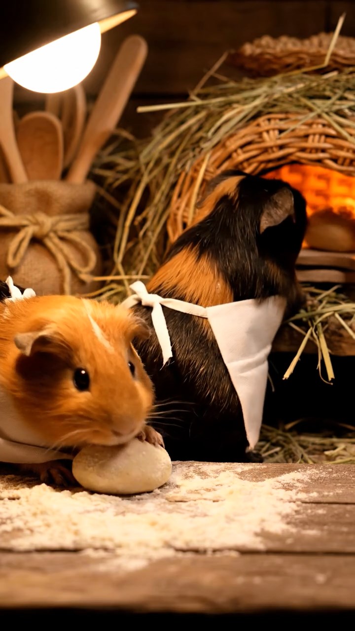 317. Detailed photo of 2 smooth-haired American guinea pigs with Fawn and Sable fur, dressed as bakers in tiny aprons, baking bread in a guinea pig bakery with hay ovens and wooden counters, under soft lamplight, creating a realistic, cozy culinary scene.