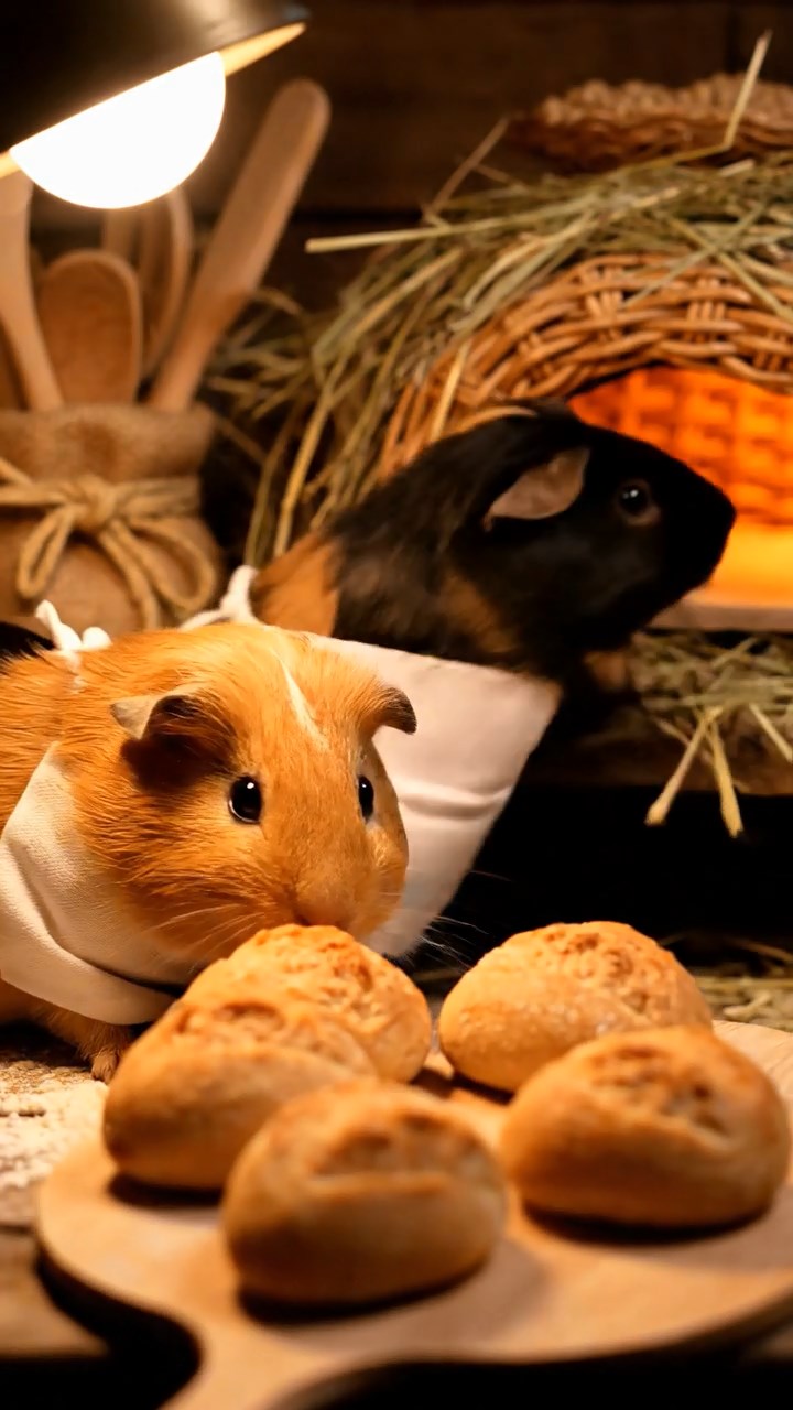 317. Detailed photo of 2 smooth-haired American guinea pigs with Fawn and Sable fur, dressed as bakers in tiny aprons, baking bread in a guinea pig bakery with hay ovens and wooden counters, under soft lamplight, creating a realistic, cozy culinary scene.