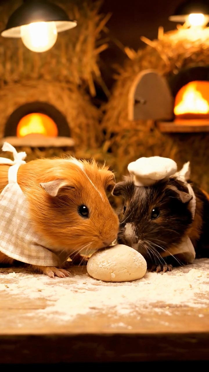 317. Detailed photo of 2 smooth-haired American guinea pigs with Fawn and Sable fur, dressed as bakers in tiny aprons, baking bread in a guinea pig bakery with hay ovens and wooden counters, under soft lamplight, creating a realistic, cozy culinary scene.