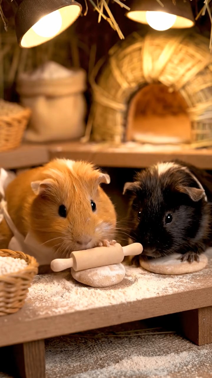 317. Detailed photo of 2 smooth-haired American guinea pigs with Fawn and Sable fur, dressed as bakers in tiny aprons, baking bread in a guinea pig bakery with hay ovens and wooden counters, under soft lamplight, creating a realistic, cozy culinary scene.