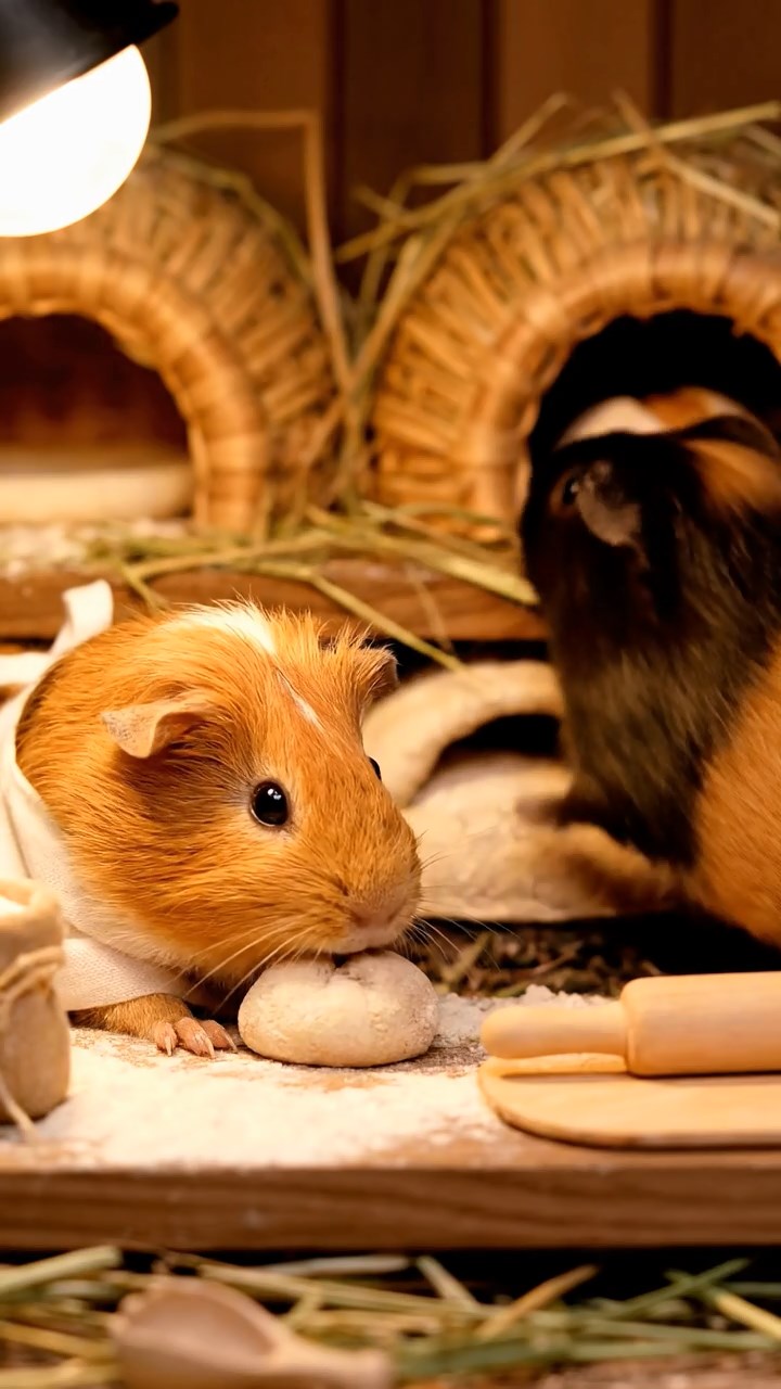 317. Detailed photo of 2 smooth-haired American guinea pigs with Fawn and Sable fur, dressed as bakers in tiny aprons, baking bread in a guinea pig bakery with hay ovens and wooden counters, under soft lamplight, creating a realistic, cozy culinary scene.