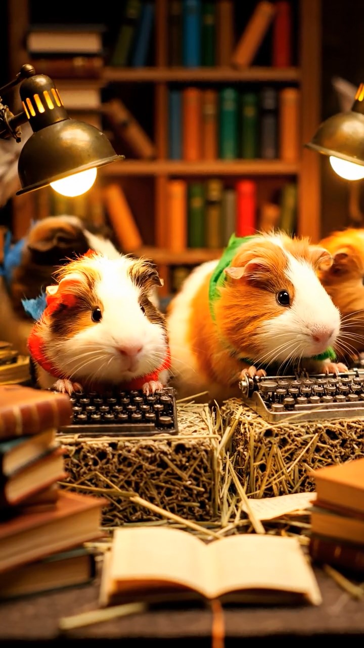 319. Highly detailed view of 4 smooth-haired Himalayan guinea pigs with White, Orange, Black, and Brown fur, dressed as writers in tiny scarves, typing stories in a guinea pig study with miniature books and hay desks, under warm lamplight, creating a vivid, realistic literary scene.