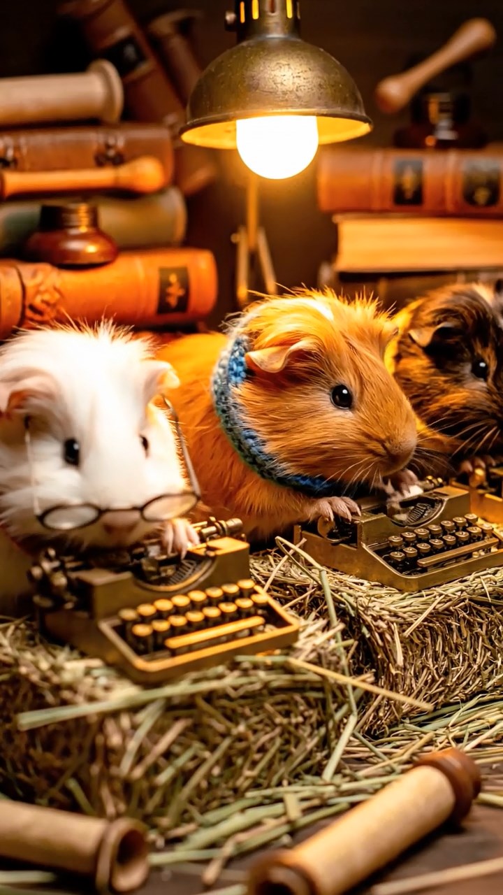 319. Highly detailed view of 4 smooth-haired Himalayan guinea pigs with White, Orange, Black, and Brown fur, dressed as writers in tiny scarves, typing stories in a guinea pig study with miniature books and hay desks, under warm lamplight, creating a vivid, realistic literary scene.