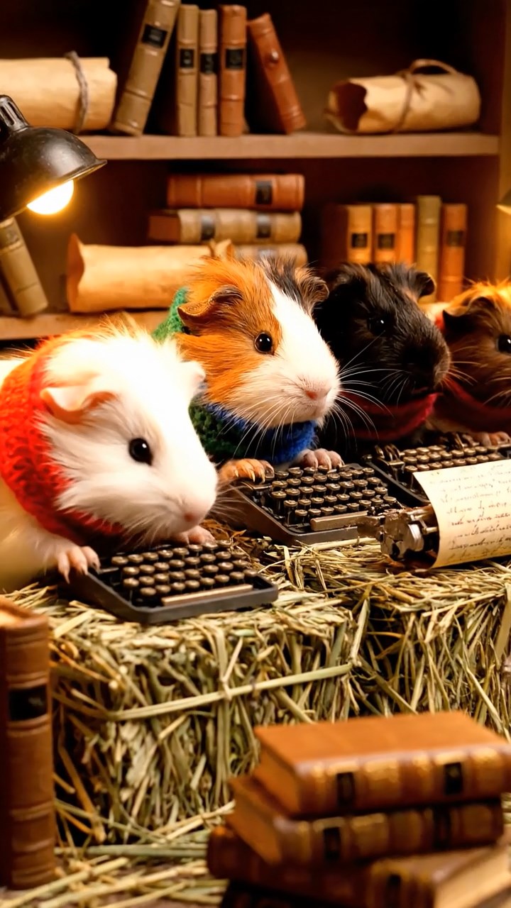 319. Highly detailed view of 4 smooth-haired Himalayan guinea pigs with White, Orange, Black, and Brown fur, dressed as writers in tiny scarves, typing stories in a guinea pig study with miniature books and hay desks, under warm lamplight, creating a vivid, realistic literary scene.