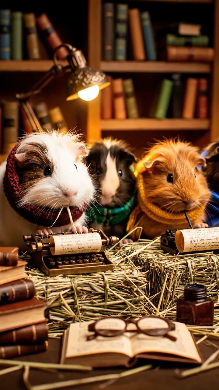 319. Highly detailed view of 4 smooth-haired Himalayan guinea pigs with White, Orange, Black, and Brown fur, dressed as writers in tiny scarves, typing stories in a guinea pig study with miniature books and hay desks, under warm lamplight, creating a vivid, realistic literary scene.