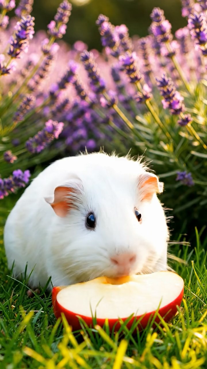 321. Detailed photo of 1 smooth-haired American guinea pig with White fur, nibbling on fresh apples, in a vibrant lavender garden with rows of purple blooms swaying in the breeze, under soft sunlight, creating a realistic, fragrant pastoral scene.