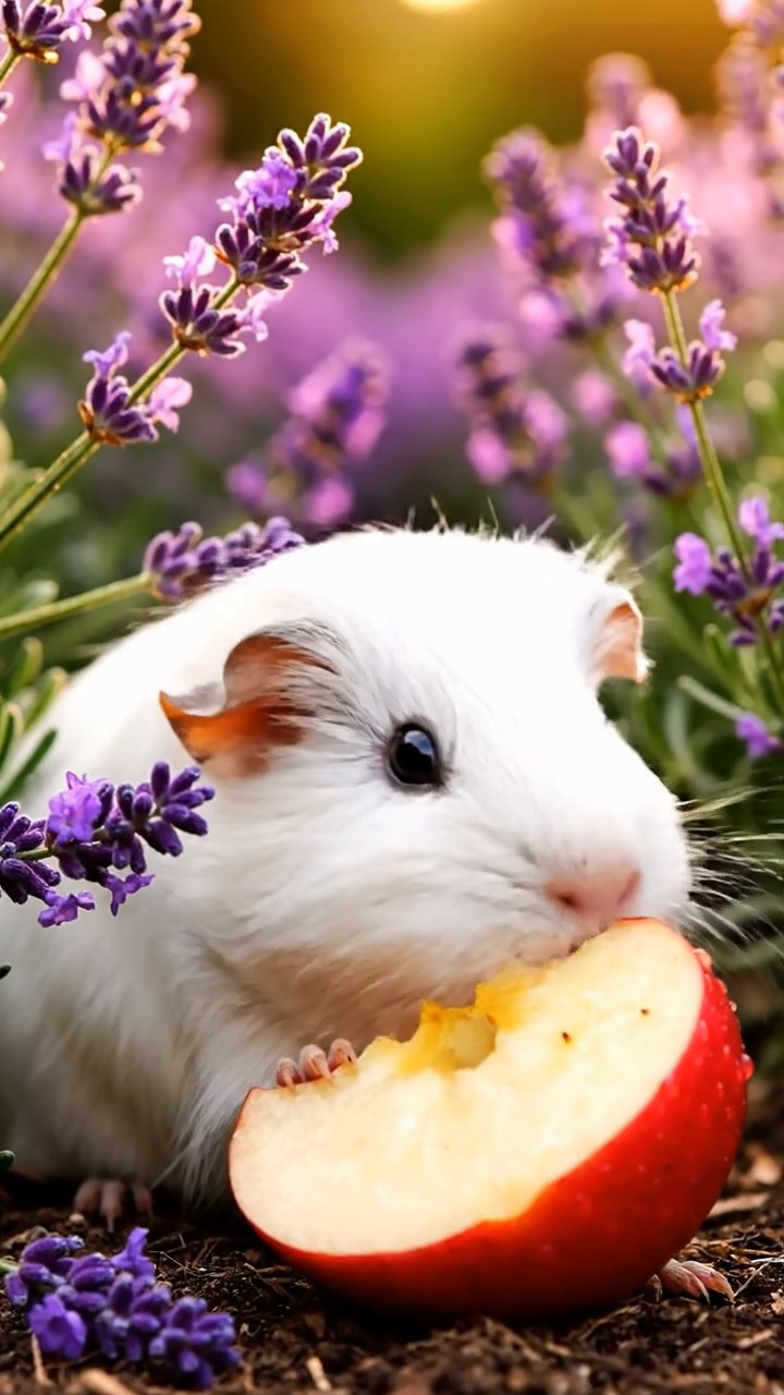 321. Detailed photo of 1 smooth-haired American guinea pig with White fur, nibbling on fresh apples, in a vibrant lavender garden with rows of purple blooms swaying in the breeze, under soft sunlight, creating a realistic, fragrant pastoral scene.