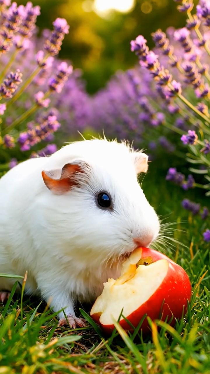 321. Detailed photo of 1 smooth-haired American guinea pig with White fur, nibbling on fresh apples, in a vibrant lavender garden with rows of purple blooms swaying in the breeze, under soft sunlight, creating a realistic, fragrant pastoral scene.