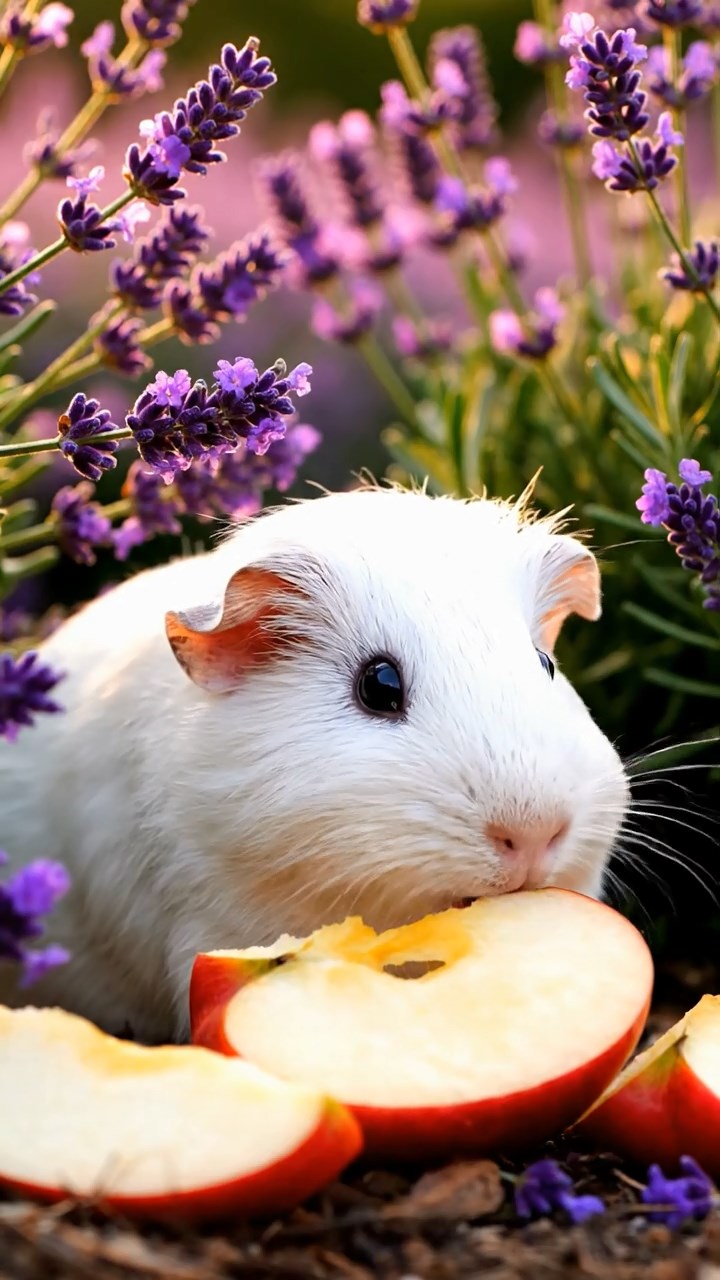 321. Detailed photo of 1 smooth-haired American guinea pig with White fur, nibbling on fresh apples, in a vibrant lavender garden with rows of purple blooms swaying in the breeze, under soft sunlight, creating a realistic, fragrant pastoral scene.