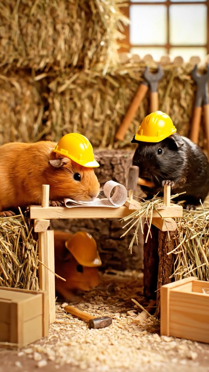 322. Photorealistic scene of 2 smooth-haired Teddy guinea pigs with Orange and Black fur, dressed as engineers in tiny helmets, constructing a miniature bridge in a guinea pig workshop with hay beams and tools, under bright daylight, enhancing the lifelike, industrious atmosphere.