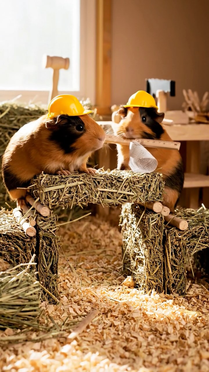 322. Photorealistic scene of 2 smooth-haired Teddy guinea pigs with Orange and Black fur, dressed as engineers in tiny helmets, constructing a miniature bridge in a guinea pig workshop with hay beams and tools, under bright daylight, enhancing the lifelike, industrious atmosphere.