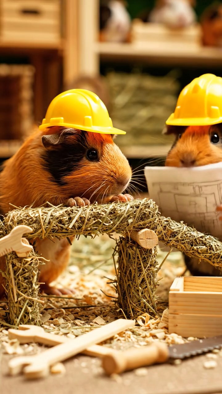 322. Photorealistic scene of 2 smooth-haired Teddy guinea pigs with Orange and Black fur, dressed as engineers in tiny helmets, constructing a miniature bridge in a guinea pig workshop with hay beams and tools, under bright daylight, enhancing the lifelike, industrious atmosphere.