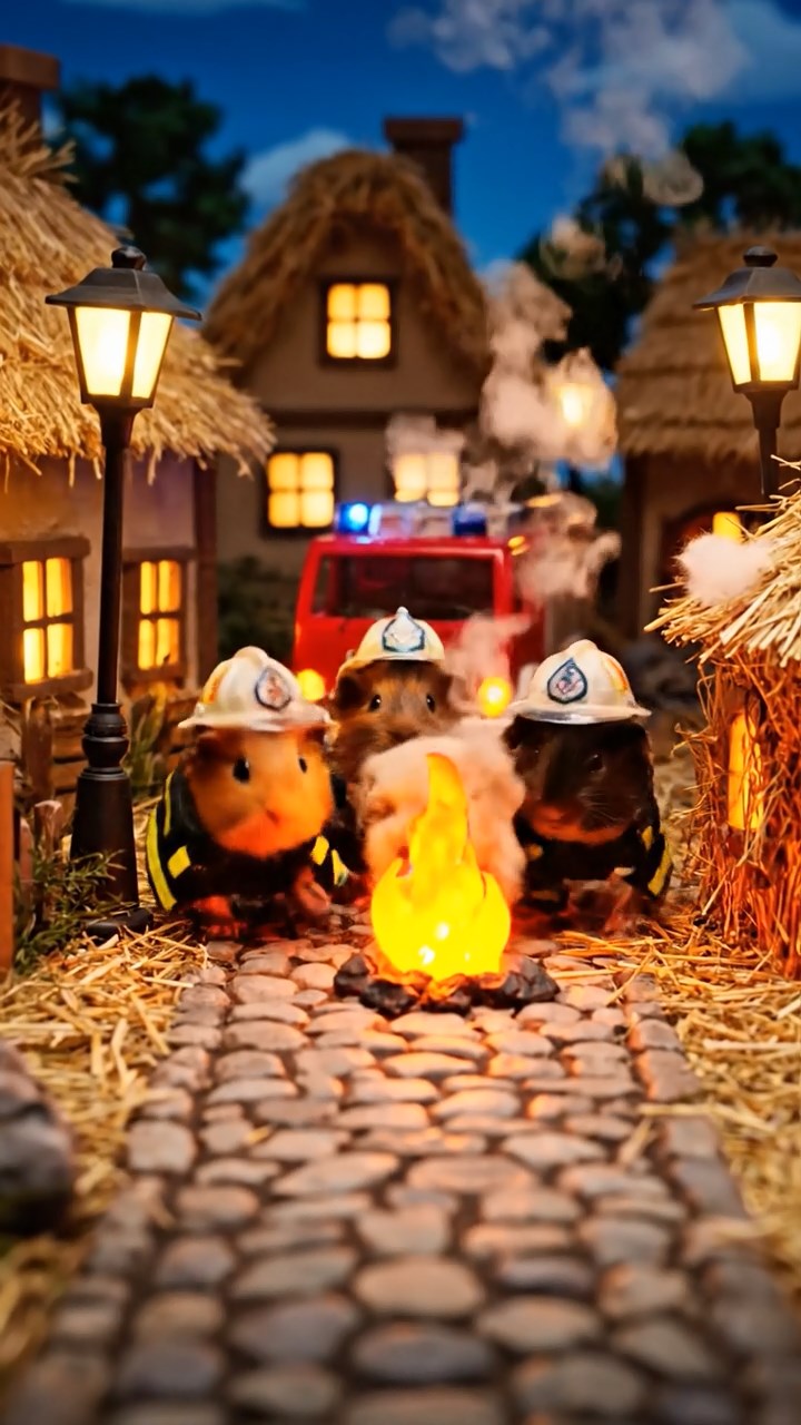 324. Realistic scene of 4 smooth-haired Californian guinea pigs with Fawn, Chocolate, Cinnamon, and Sable fur, dressed as firefighters in tiny uniforms, rescuing a pup from a pretend fire in a guinea pig village with hay houses, under glowing streetlights, capturing a heroic, lifelike moment.