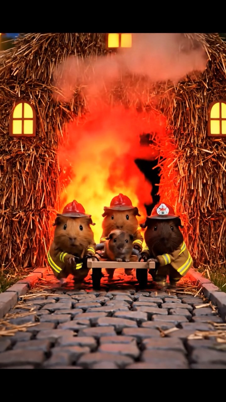324. Realistic scene of 4 smooth-haired Californian guinea pigs with Fawn, Chocolate, Cinnamon, and Sable fur, dressed as firefighters in tiny uniforms, rescuing a pup from a pretend fire in a guinea pig village with hay houses, under glowing streetlights, capturing a heroic, lifelike moment.