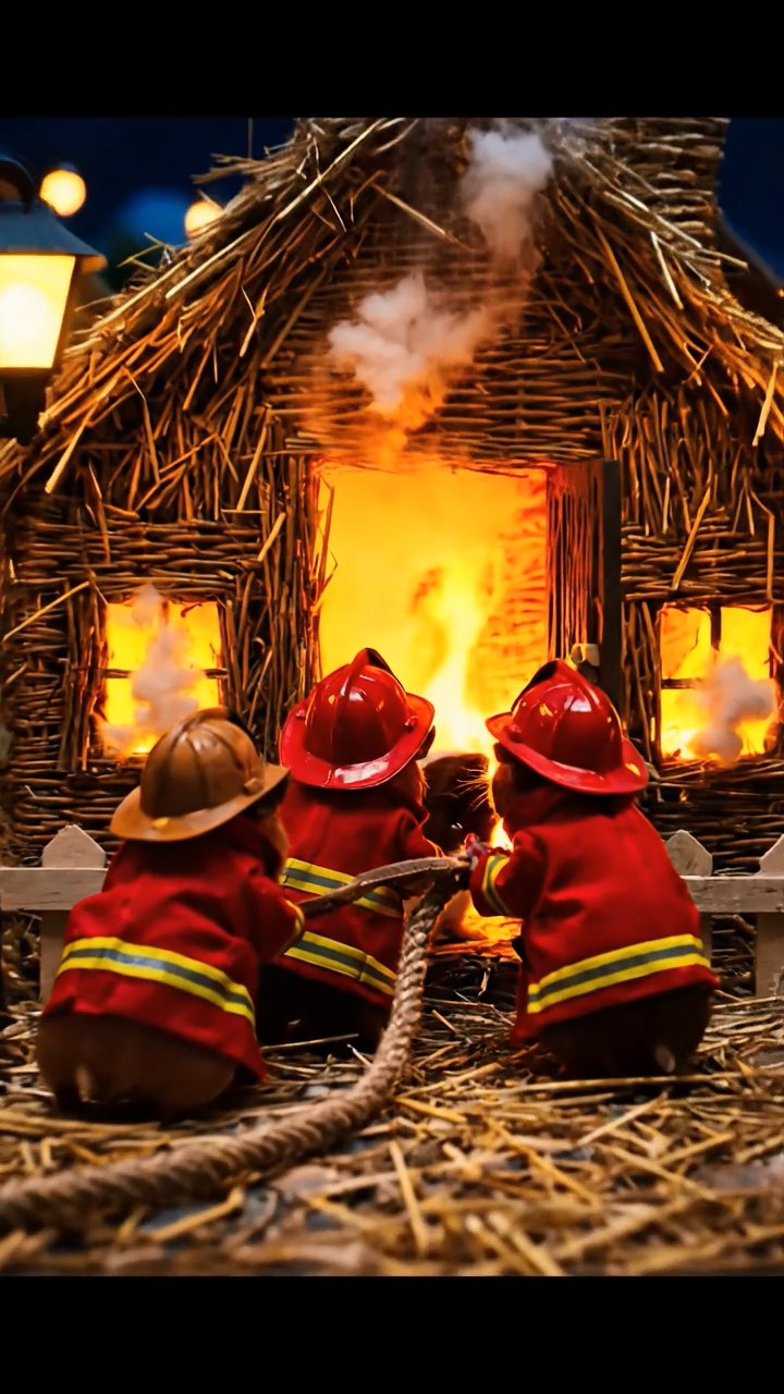 324. Realistic scene of 4 smooth-haired Californian guinea pigs with Fawn, Chocolate, Cinnamon, and Sable fur, dressed as firefighters in tiny uniforms, rescuing a pup from a pretend fire in a guinea pig village with hay houses, under glowing streetlights, capturing a heroic, lifelike moment.