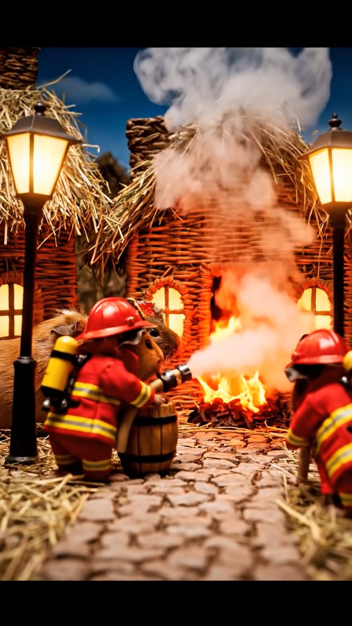 324. Realistic scene of 4 smooth-haired Californian guinea pigs with Fawn, Chocolate, Cinnamon, and Sable fur, dressed as firefighters in tiny uniforms, rescuing a pup from a pretend fire in a guinea pig village with hay houses, under glowing streetlights, capturing a heroic, lifelike moment.