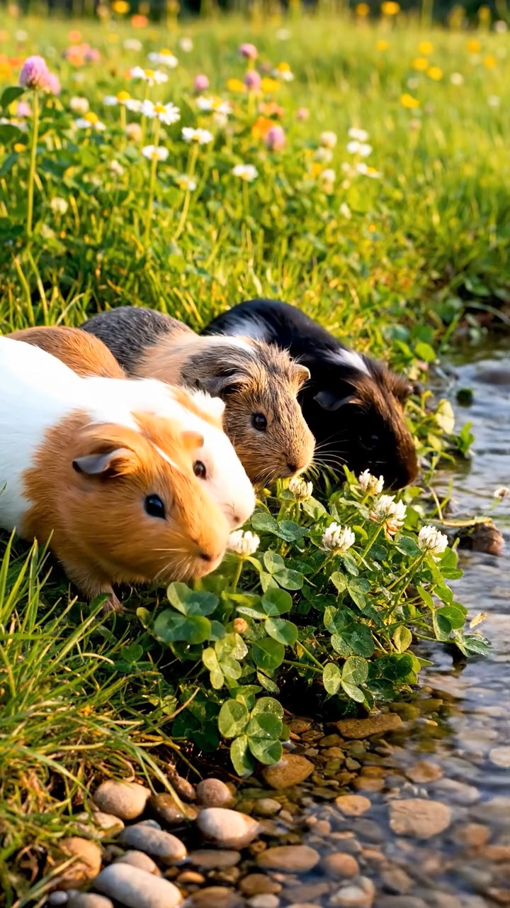 325. Detailed photo of 5 smooth-haired American guinea pigs with White, Orange, Gray, Black, and Brown fur, foraging for clover in a lush meadow with wildflowers and a trickling stream, under soft morning light, creating a realistic, serene pastoral scene.