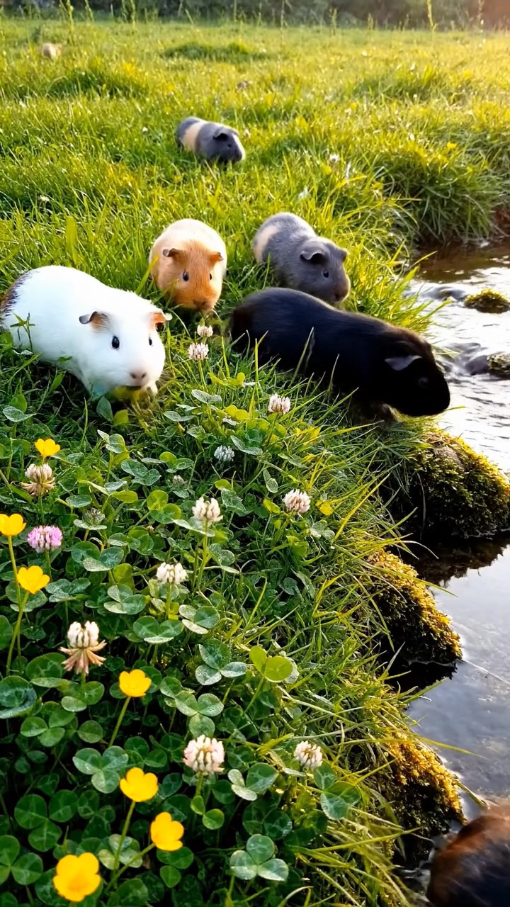 325. Detailed photo of 5 smooth-haired American guinea pigs with White, Orange, Gray, Black, and Brown fur, foraging for clover in a lush meadow with wildflowers and a trickling stream, under soft morning light, creating a realistic, serene pastoral scene.