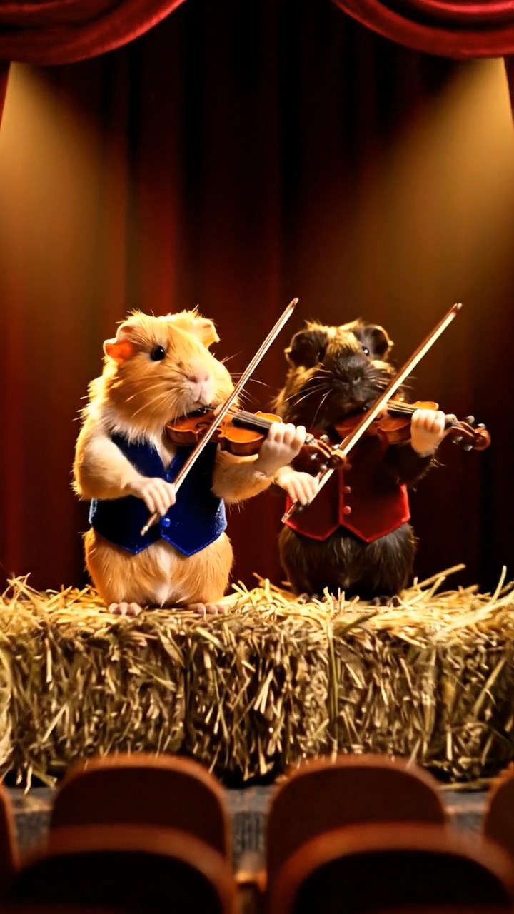 327. Highly detailed view of 2 smooth-haired Himalayan guinea pigs with Fawn and Sable fur, dressed as musicians in tiny vests, playing miniature violins in a guinea pig concert hall with hay seats and velvet curtains, under warm spotlights, creating a realistic, elegant scene.