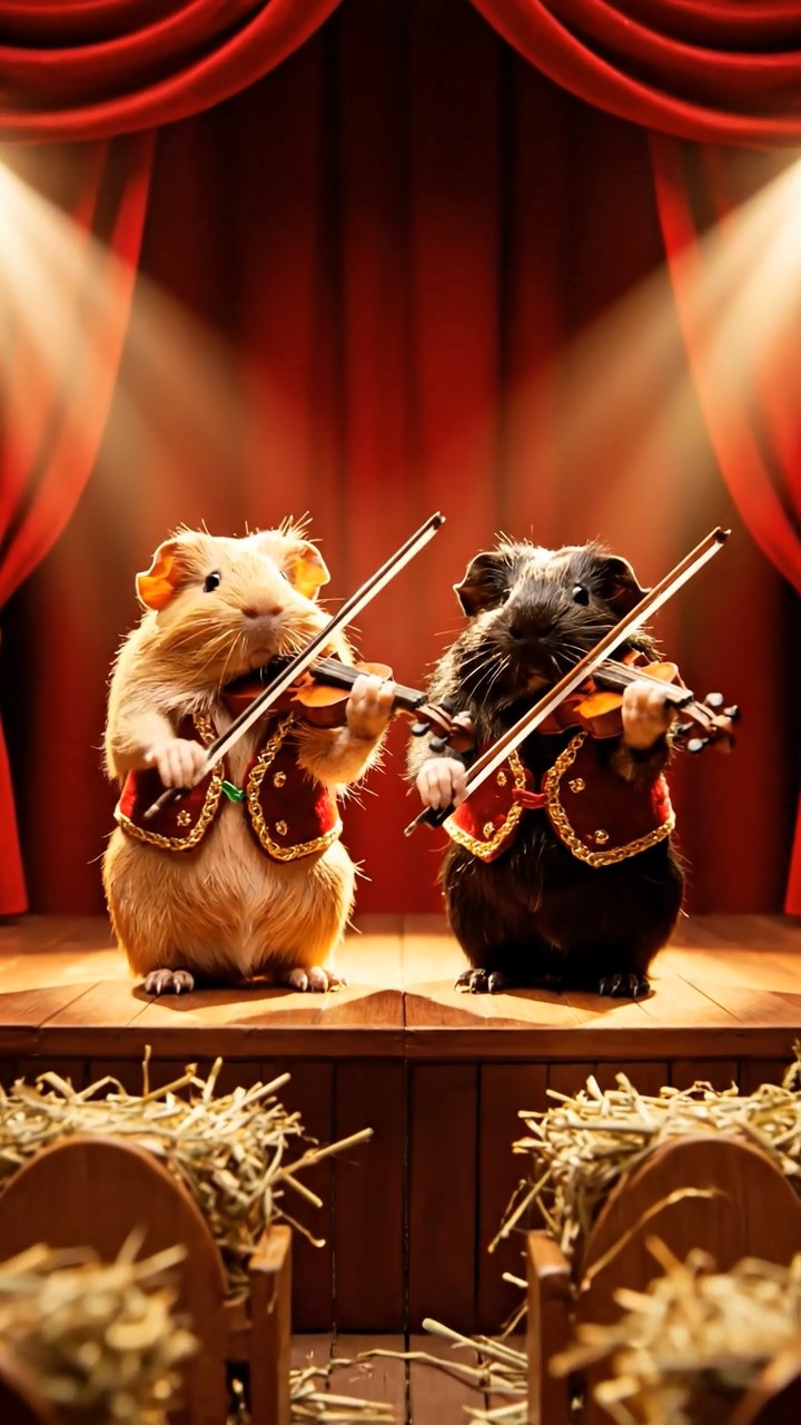 327. Highly detailed view of 2 smooth-haired Himalayan guinea pigs with Fawn and Sable fur, dressed as musicians in tiny vests, playing miniature violins in a guinea pig concert hall with hay seats and velvet curtains, under warm spotlights, creating a realistic, elegant scene.