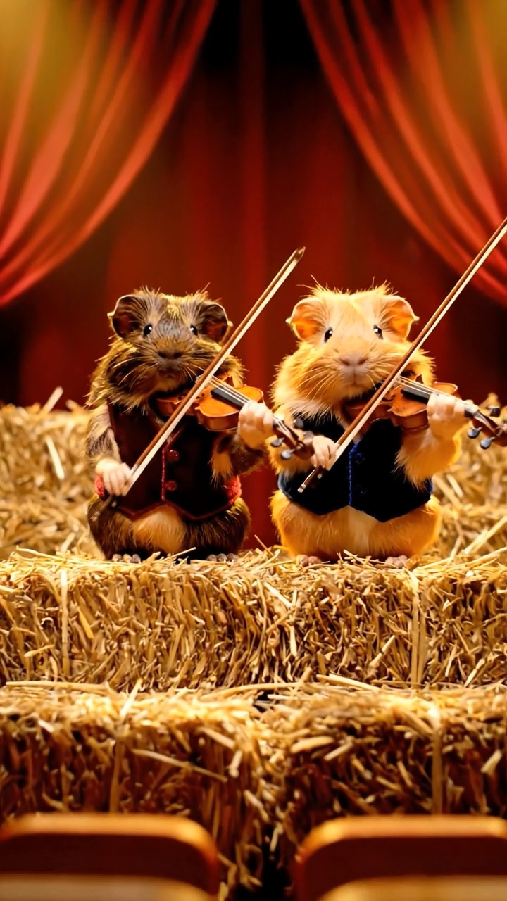 327. Highly detailed view of 2 smooth-haired Himalayan guinea pigs with Fawn and Sable fur, dressed as musicians in tiny vests, playing miniature violins in a guinea pig concert hall with hay seats and velvet curtains, under warm spotlights, creating a realistic, elegant scene.