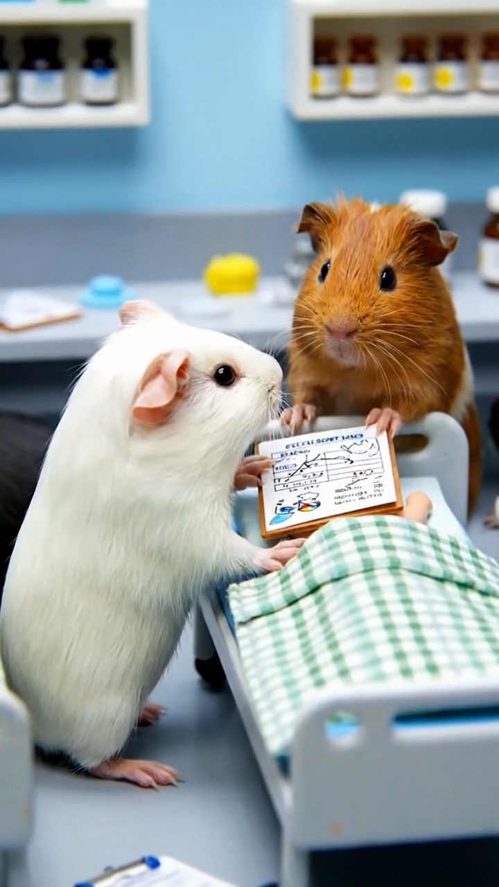 329. Detailed photo of 4 smooth-haired American guinea pigs with White, Orange, Black, and Brown fur, dressed as doctors in tiny white coats, examining patients in a guinea pig hospital with miniature beds and medical charts, under bright lights, creating a vivid, lifelike medical scene.