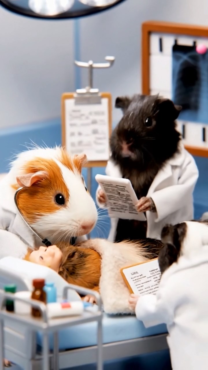 329. Detailed photo of 4 smooth-haired American guinea pigs with White, Orange, Black, and Brown fur, dressed as doctors in tiny white coats, examining patients in a guinea pig hospital with miniature beds and medical charts, under bright lights, creating a vivid, lifelike medical scene.