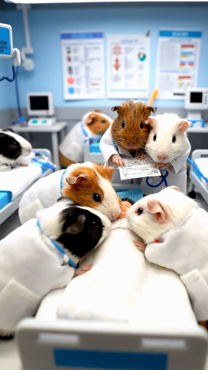 329. Detailed photo of 4 smooth-haired American guinea pigs with White, Orange, Black, and Brown fur, dressed as doctors in tiny white coats, examining patients in a guinea pig hospital with miniature beds and medical charts, under bright lights, creating a vivid, lifelike medical scene.