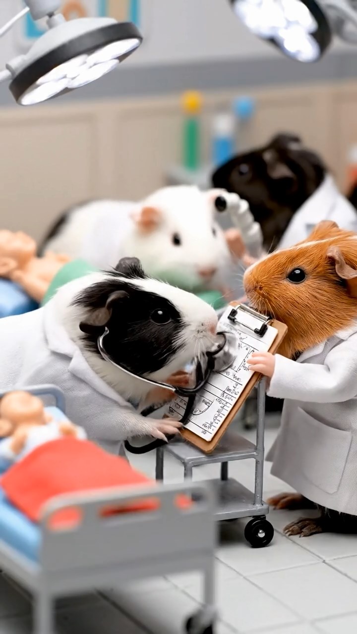 329. Detailed photo of 4 smooth-haired American guinea pigs with White, Orange, Black, and Brown fur, dressed as doctors in tiny white coats, examining patients in a guinea pig hospital with miniature beds and medical charts, under bright lights, creating a vivid, lifelike medical scene.
