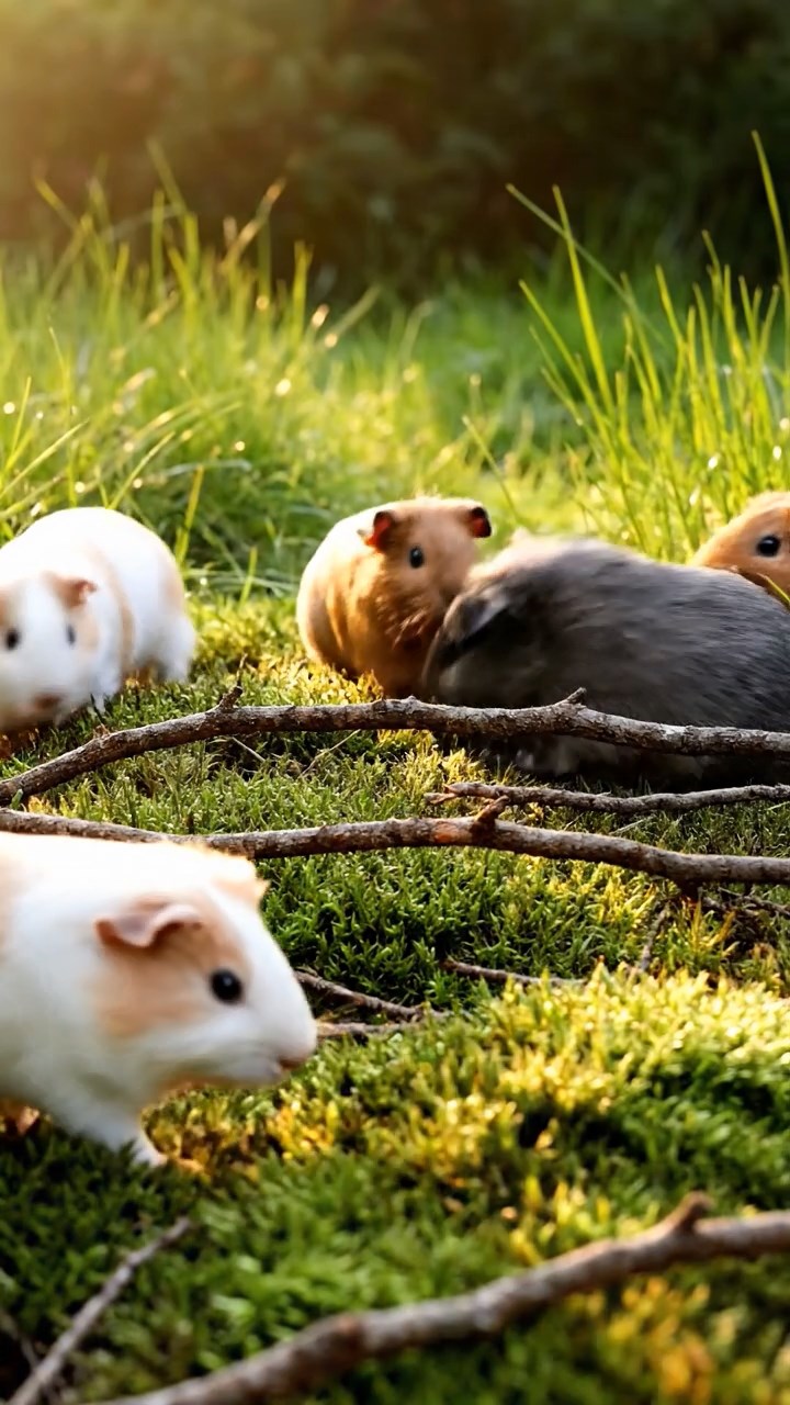 330. Photorealistic scene of 5 smooth-haired Teddy guinea pigs with Cream, Fawn, Sable, Gray, and Cinnamon fur, play-fighting in a grassy clearing with soft moss and scattered twigs, under gentle morning light, capturing a realistic, playful woodland moment.