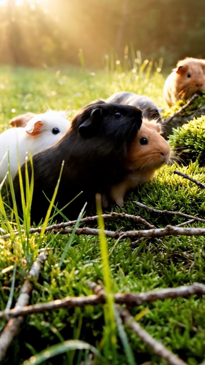 330. Photorealistic scene of 5 smooth-haired Teddy guinea pigs with Cream, Fawn, Sable, Gray, and Cinnamon fur, play-fighting in a grassy clearing with soft moss and scattered twigs, under gentle morning light, capturing a realistic, playful woodland moment.