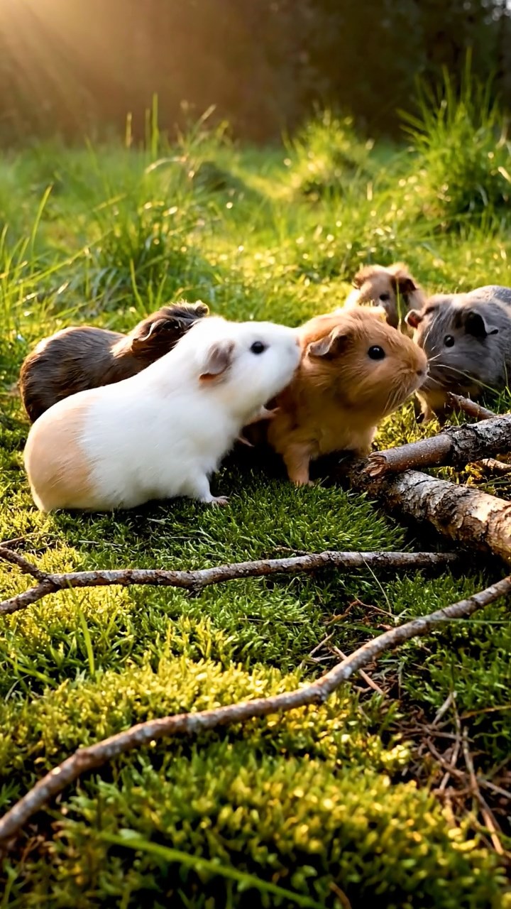 330. Photorealistic scene of 5 smooth-haired Teddy guinea pigs with Cream, Fawn, Sable, Gray, and Cinnamon fur, play-fighting in a grassy clearing with soft moss and scattered twigs, under gentle morning light, capturing a realistic, playful woodland moment.