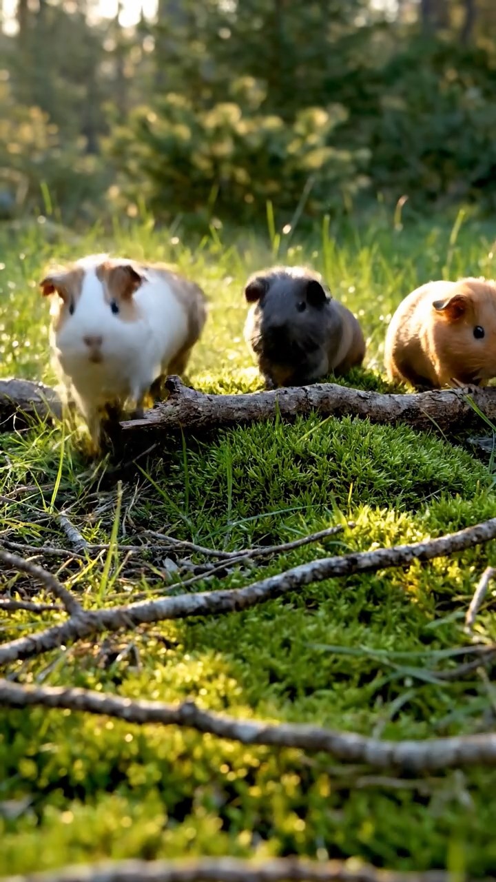 330. Photorealistic scene of 5 smooth-haired Teddy guinea pigs with Cream, Fawn, Sable, Gray, and Cinnamon fur, play-fighting in a grassy clearing with soft moss and scattered twigs, under gentle morning light, capturing a realistic, playful woodland moment.
